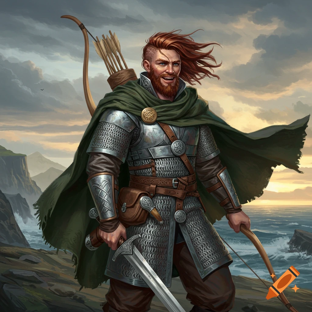 Red-haired Viking warrior in chainmail and green cape, holding a sword and bow on a rocky coast at sunset, fantasy illustration.