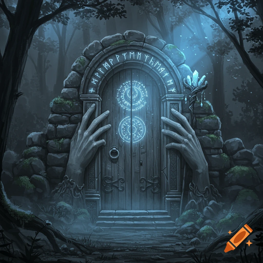 A mystical stone door with glowing runes and patterns, flanked by large hands emerging from mossy stone walls in a dark forest.
