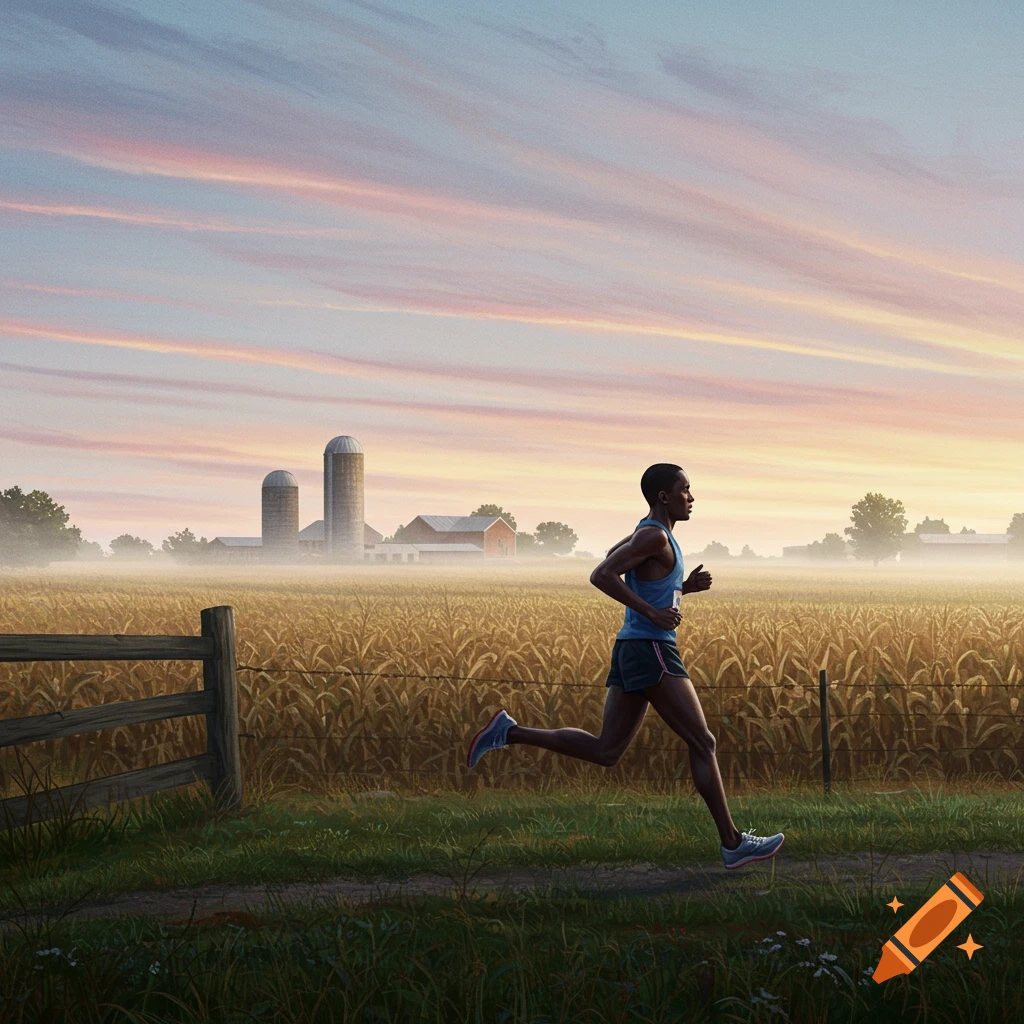 A man runs on a dirt path beside a cornfield, a farm visible in the misty background under a pastel-striped sky.