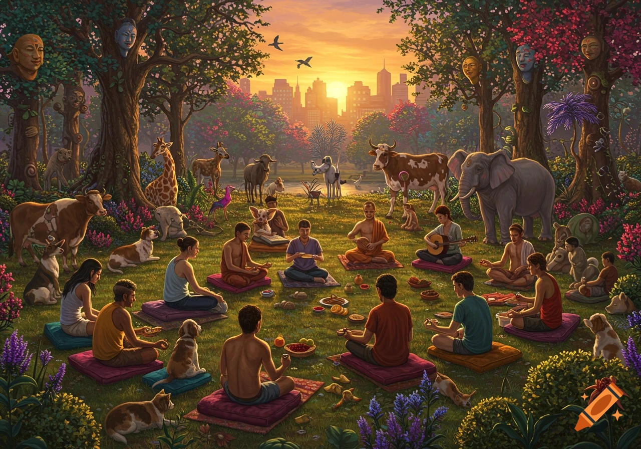 A harmonious fantasy scene with diverse people and animals meditating, playing music, and sharing food in a colorful park at sunset, with a city skyline in the background.
