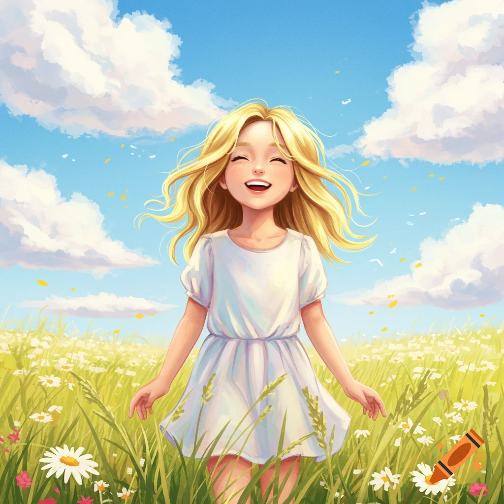A cheerful blonde girl in a white dress stands laughing in a field of white daisies under a blue sky, illustration.