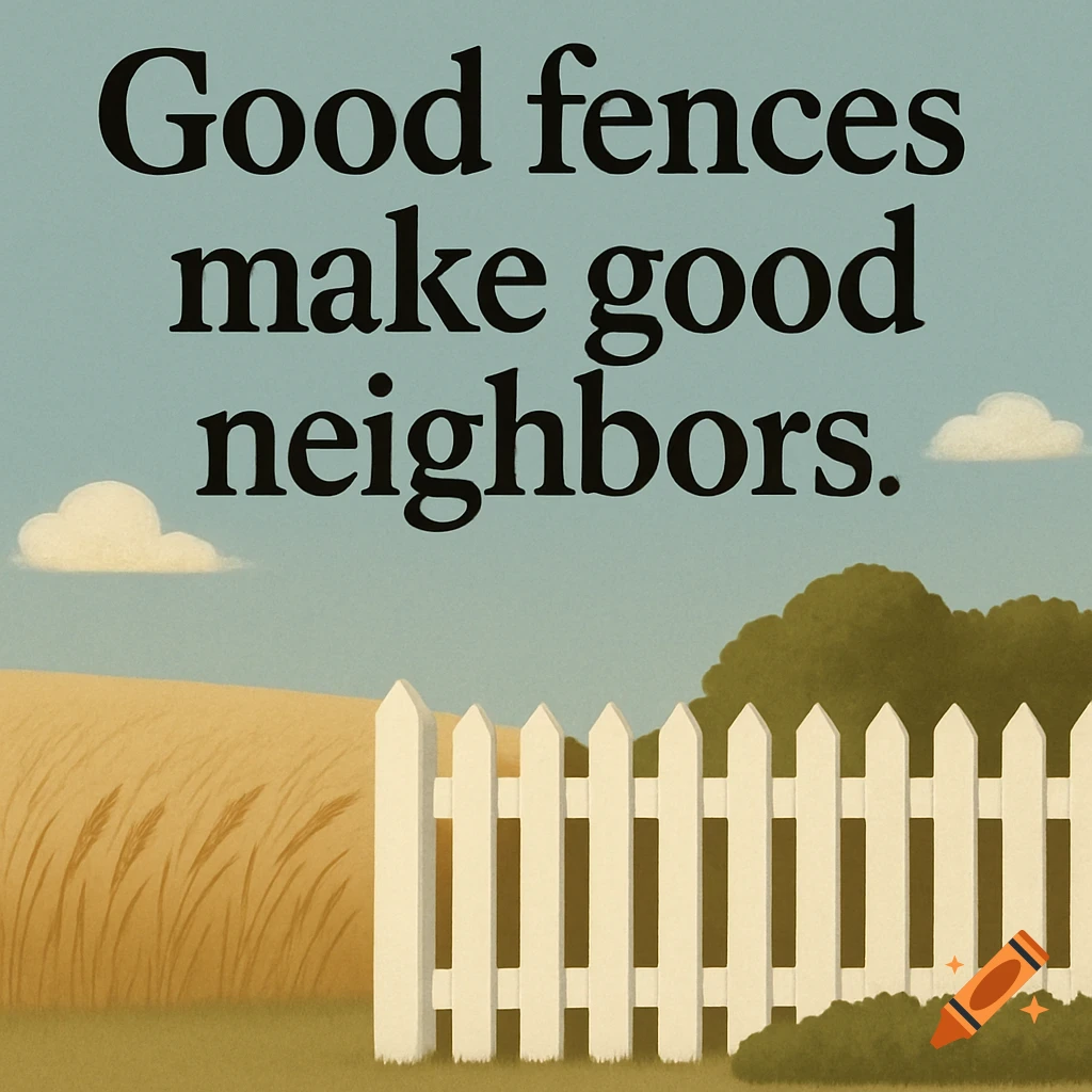An illustration of a white picket fence, fields, and sky, with the text 'Good fences make good neighbors.'