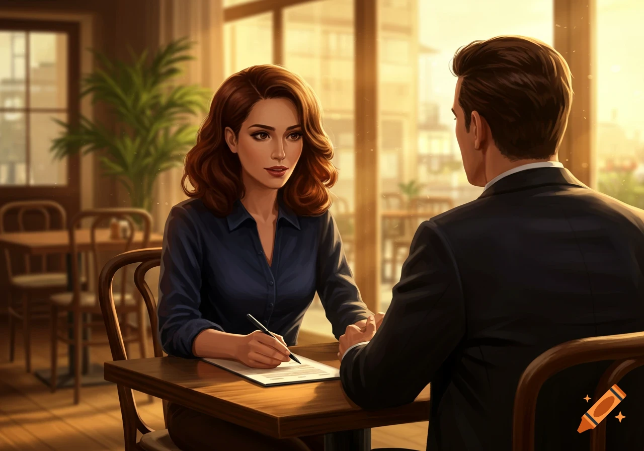 Digital art illustration of a woman writing on paper during an interview with a man in a sunlit cafe.