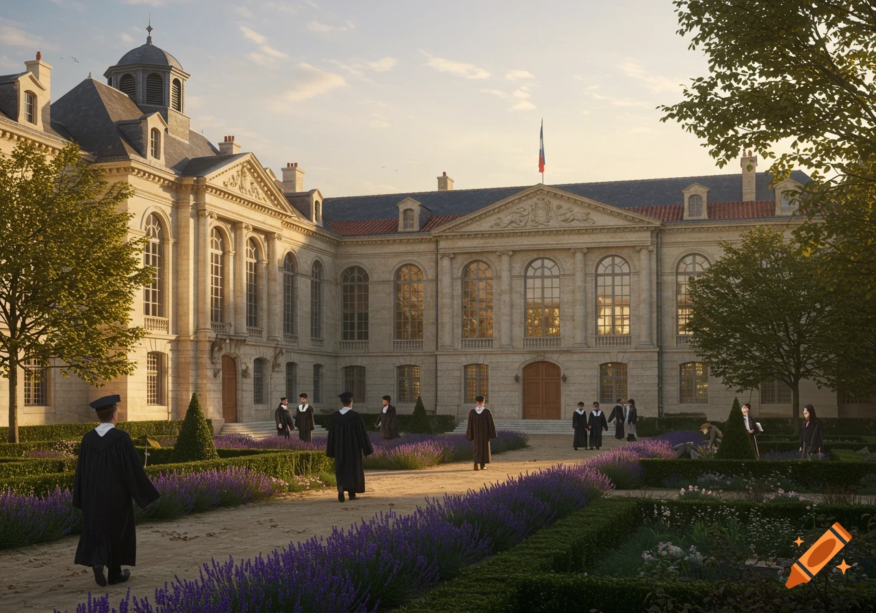 Photorealistic grand classical university building with students in academic robes in a lavender garden courtyard at sunset.
