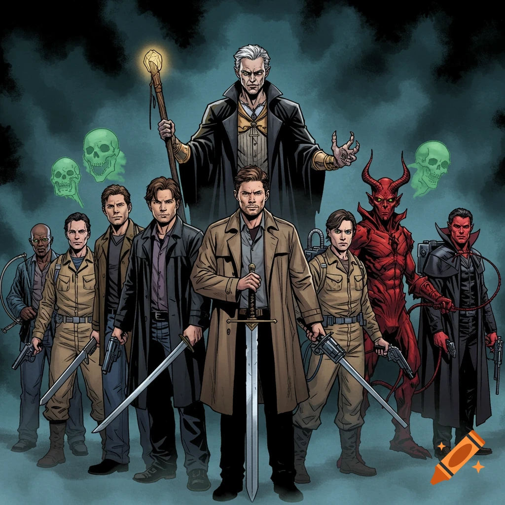 A comic-book style illustration of a supernatural strike team featuring nine characters, including trench-coated heroes, a devil, a vampire, and spirit-busters, standing dramatically against a misty, dark background with glowing green skulls.