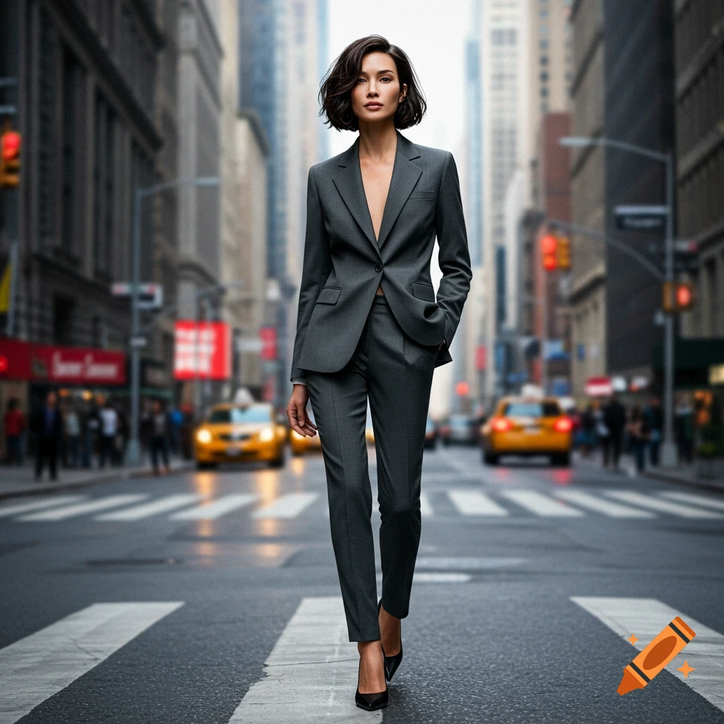 A confident woman in a charcoal business suit walks on a crosswalk in a bustling city street, photorealistic style.
