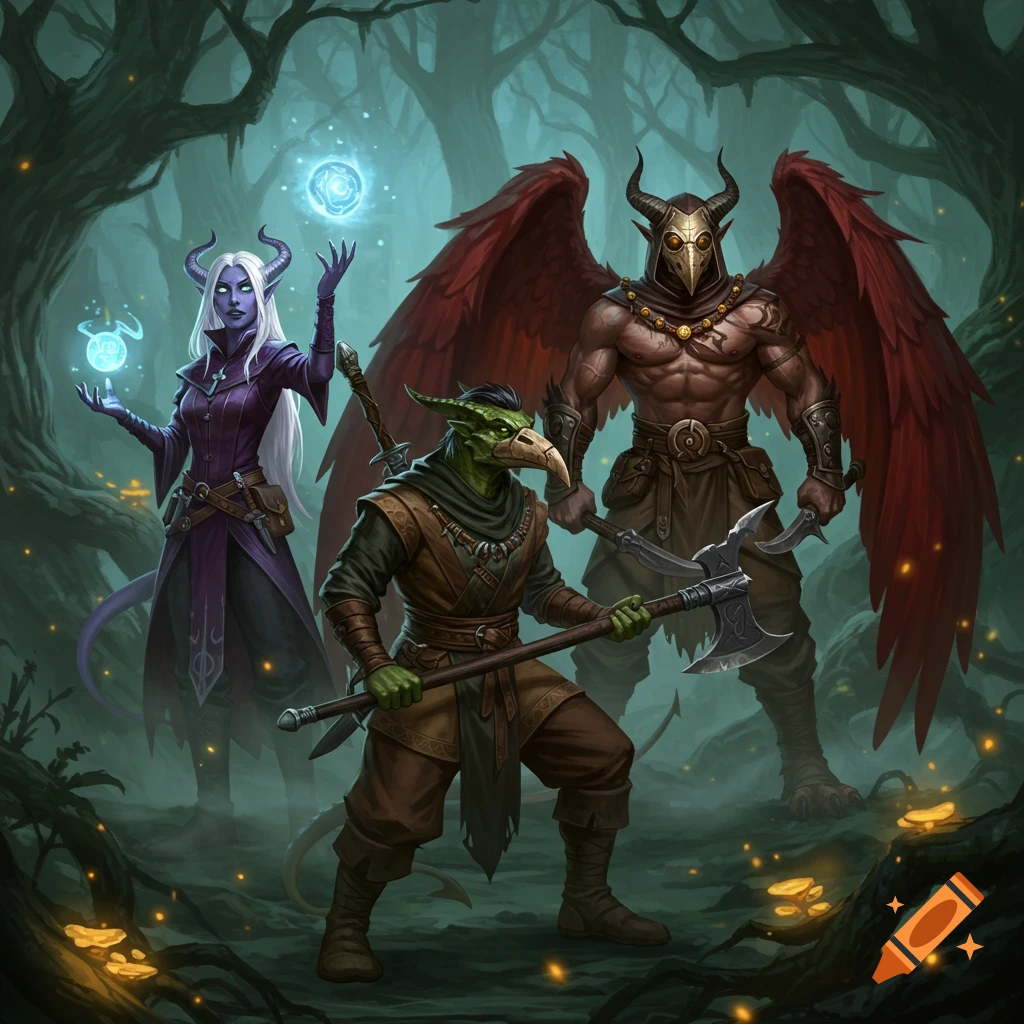 A female drow warlock, a green goblin creature in a plague mask with a staff, and a winged barbarian in a plague mask with an axe stand in a dark, misty forest with glowing mushrooms, in a fantasy art style.