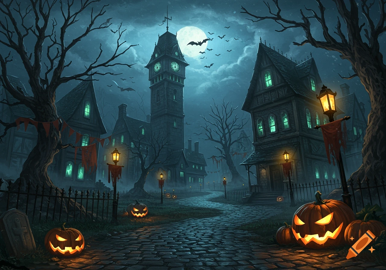 A dark, spooky Halloween village at night with glowing jack-o'-lanterns, haunted houses, a clock tower, bare trees, and bats under a full moon.