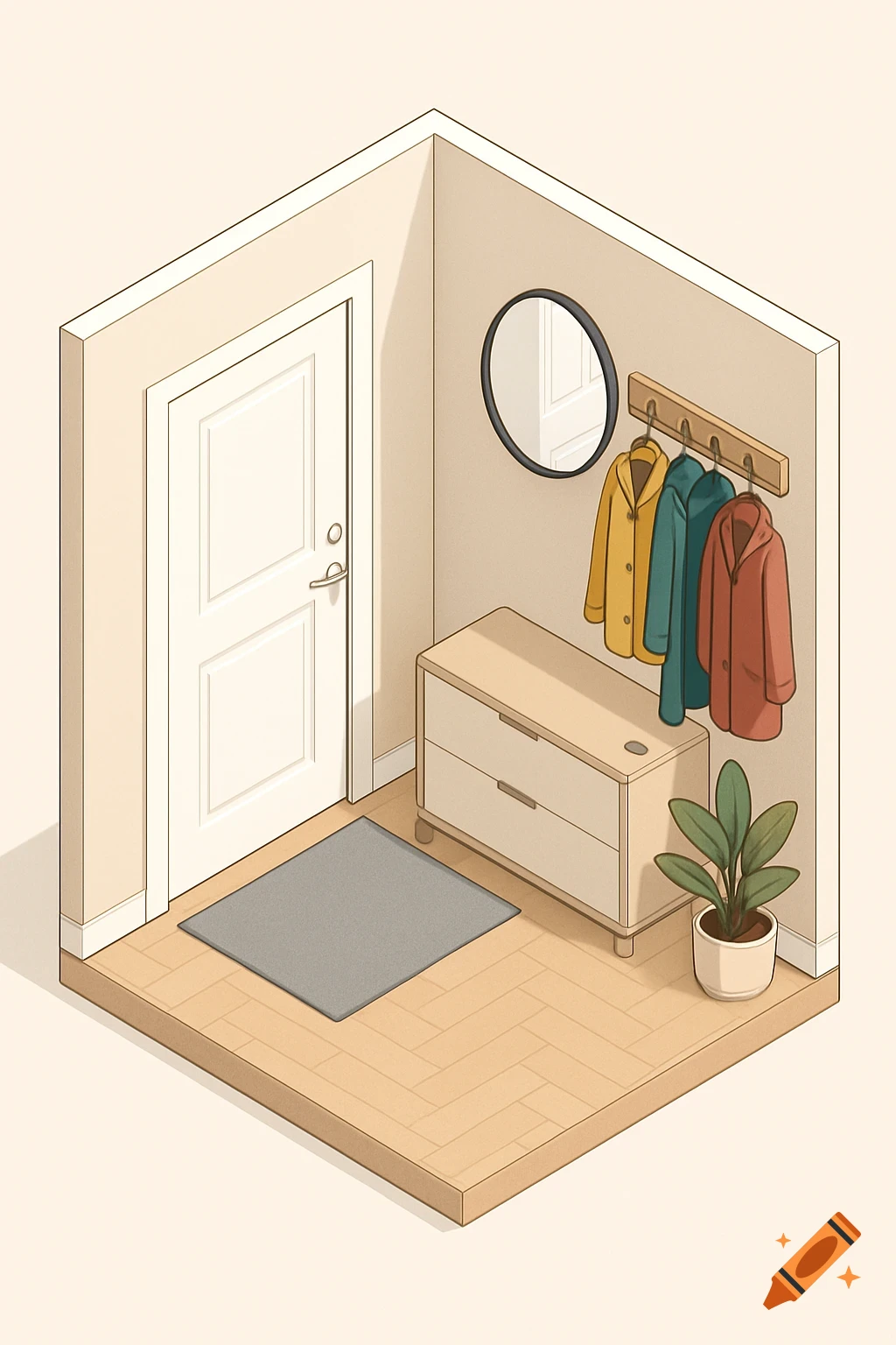 Isometric illustration of a modern apartment entrance with a white door, coat rack, round mirror, beige cabinet, and a potted plant.