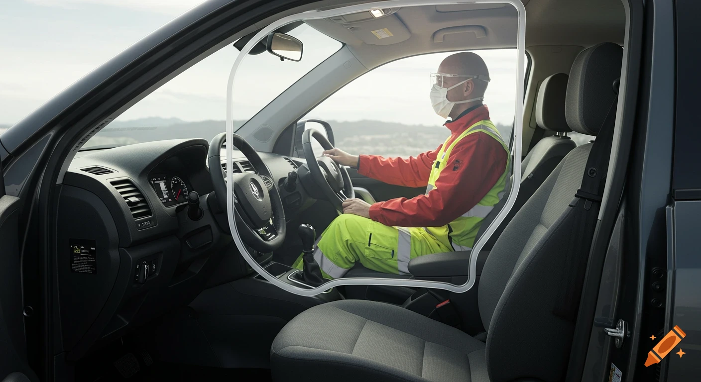 A professional driver in high-visibility clothing and a face mask behind the wheel of a car, separated by a transparent barrier.