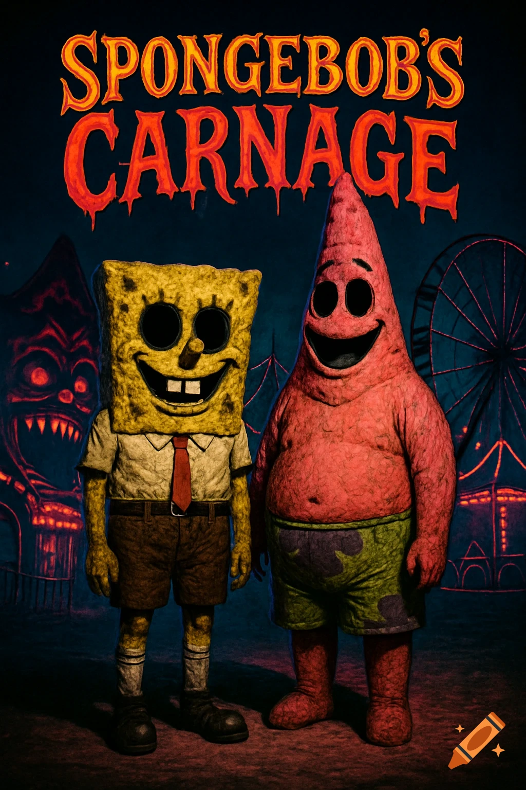 Creepy Spongebob and Patrick in textured costumes with black eyes and unsettling smiles at a dark carnival, titled 'SPONGEBOB'S CARNAGE'.