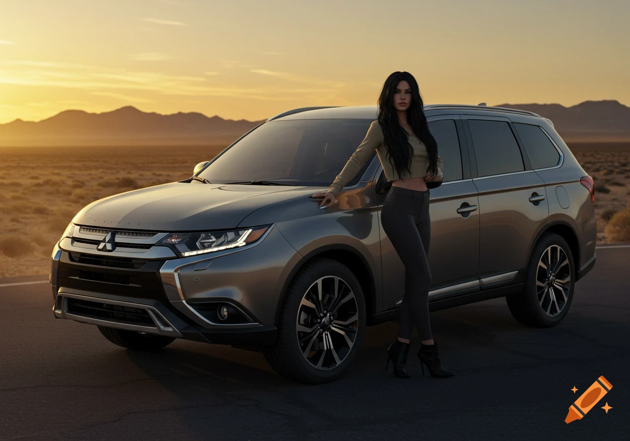 A woman with long black hair stands beside a gray Mitsubishi Outlander SUV on a road in a desert landscape at sunset, photorealistic style.