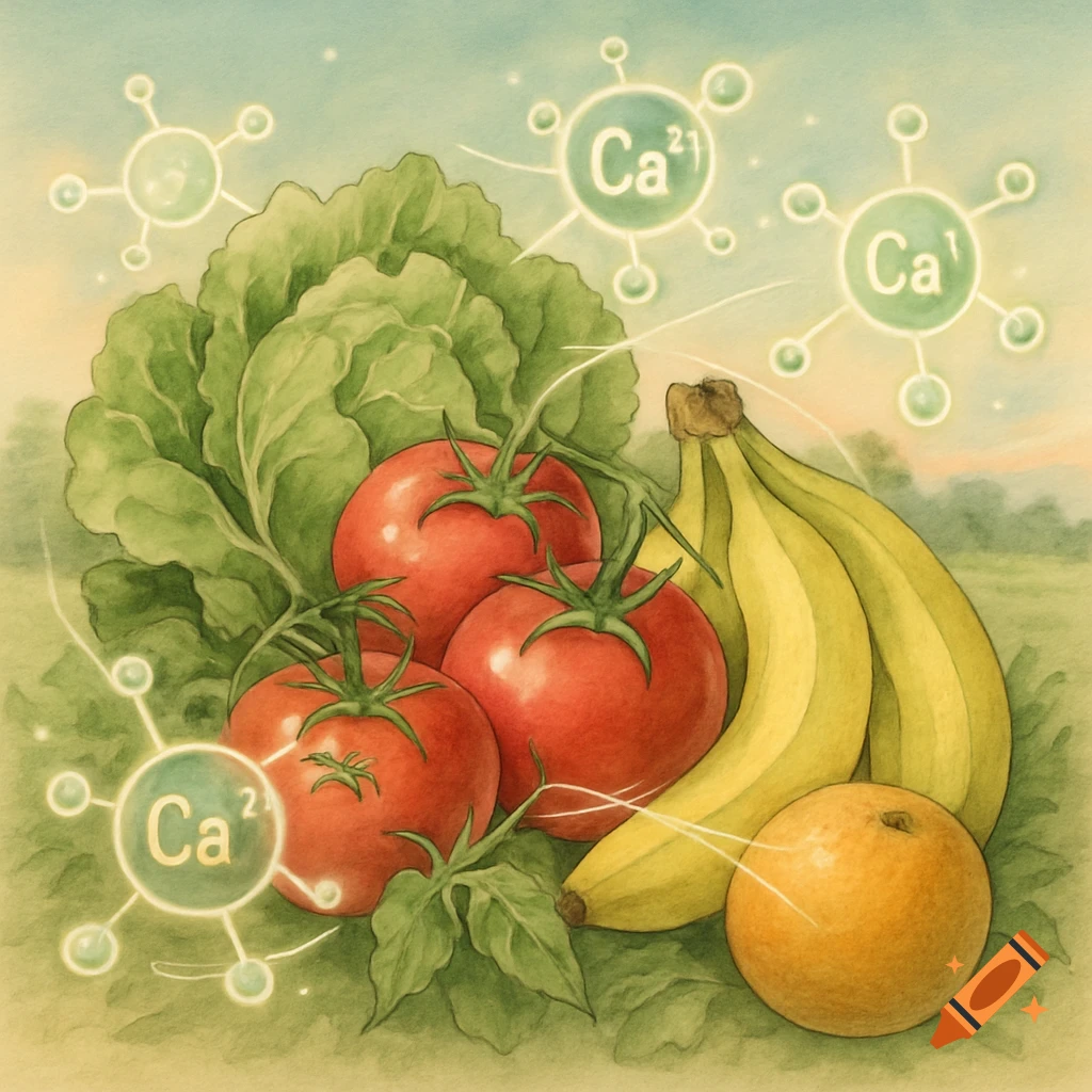 An illustration of lettuce, tomatoes, bananas, and an orange surrounded by glowing bubbles with the chemical symbol "Ca" for Calcium, set against a field background.