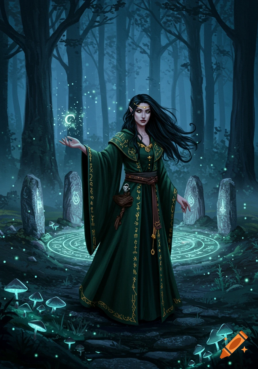 A dark-haired elf witch in a green robe stands in a mystical, glowing forest surrounded by runes and luminescent mushrooms.