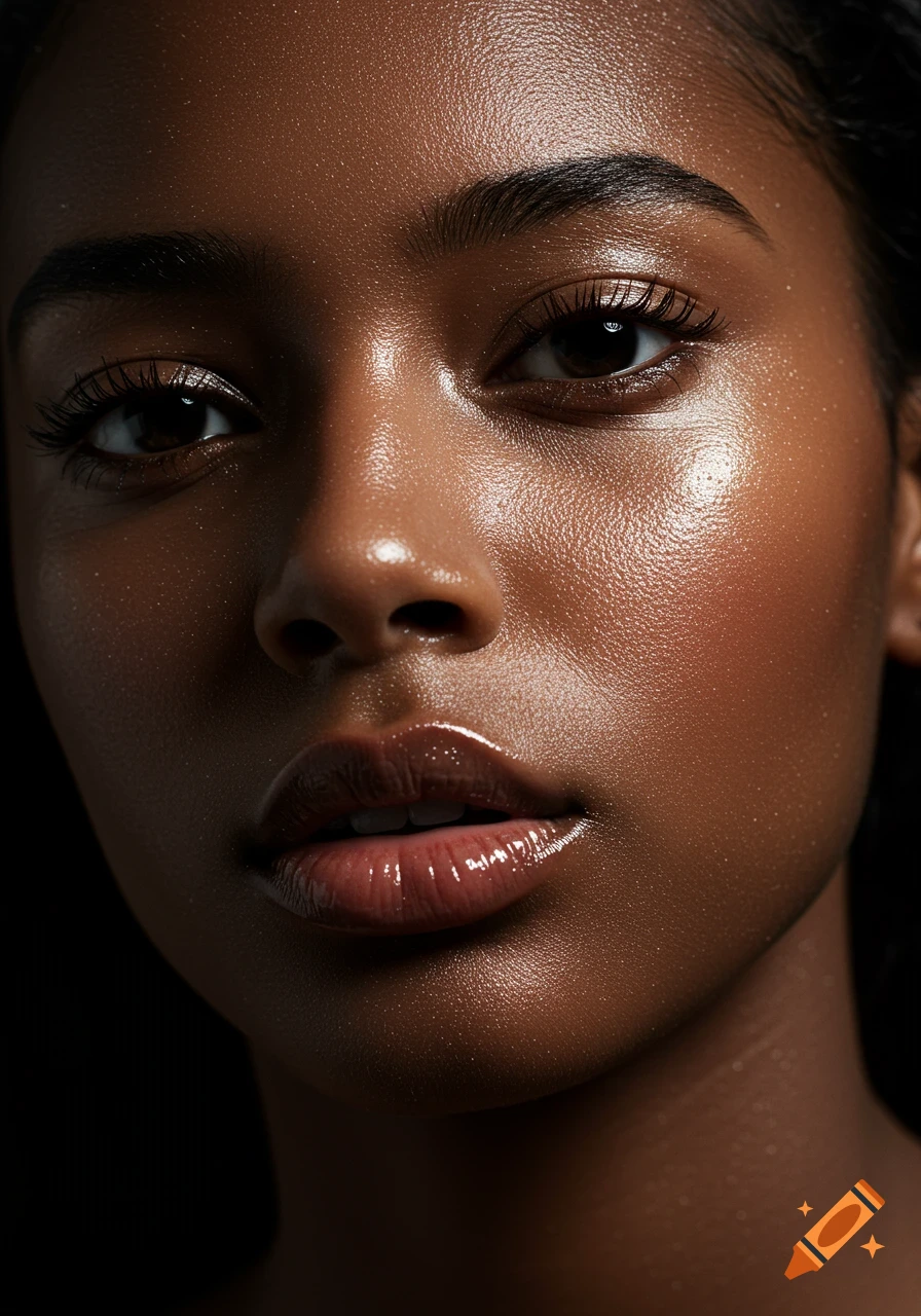 Ultra-realistic close-up portrait of a young woman with glowing, dewy skin and glossy lips, under radiant lighting.