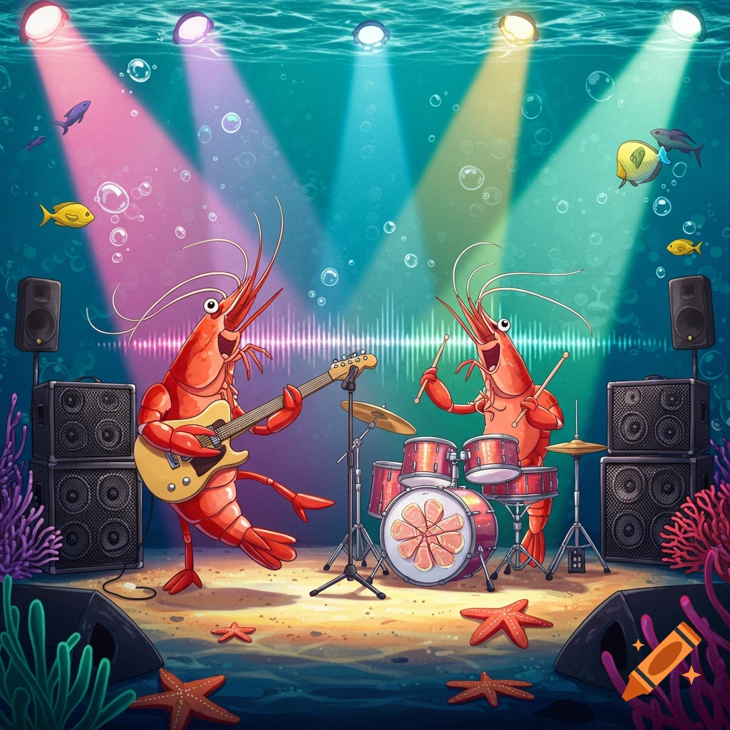 Cartoon illustration of two shrimp in an underwater rock band, one playing electric guitar and the other drums, under colorful spotlights.
