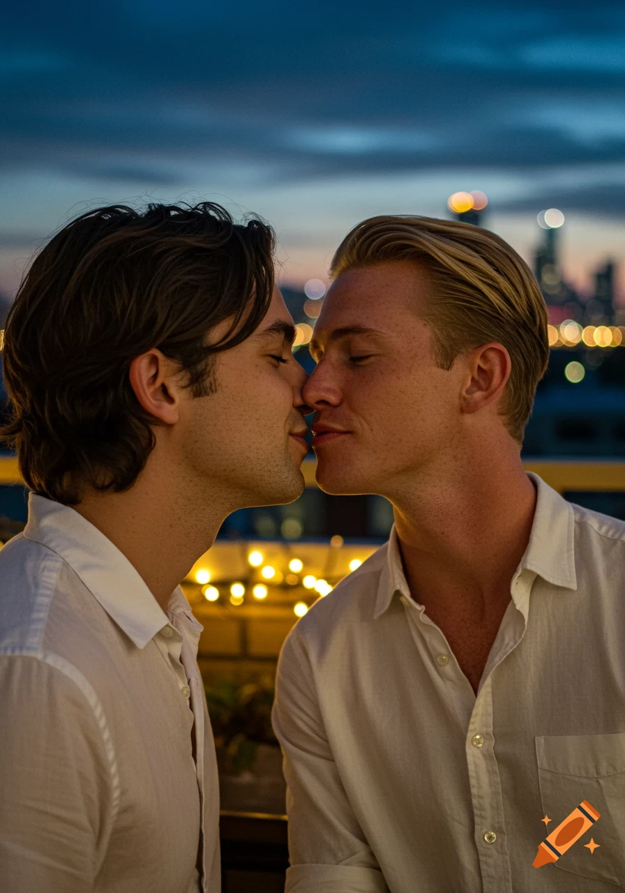 A man with brown hair gently kisses a man with blonde slicked-back hair and freckles on a rooftop at dusk.