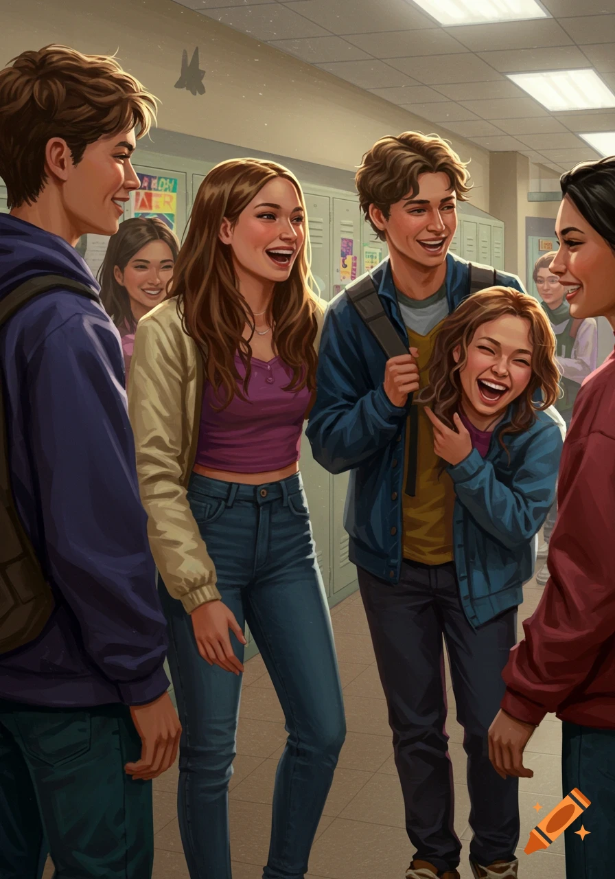 Illustrative image of diverse teenagers laughing and interacting in a school hallway with lockers.