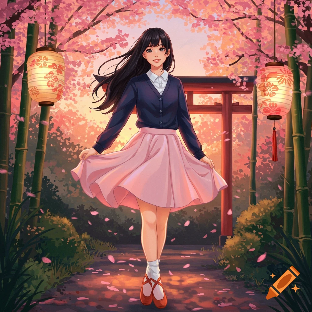 Anime illustration of a young woman in a pink skirt and navy cardigan on a cherry blossom path at sunset, with lanterns and a torii gate.