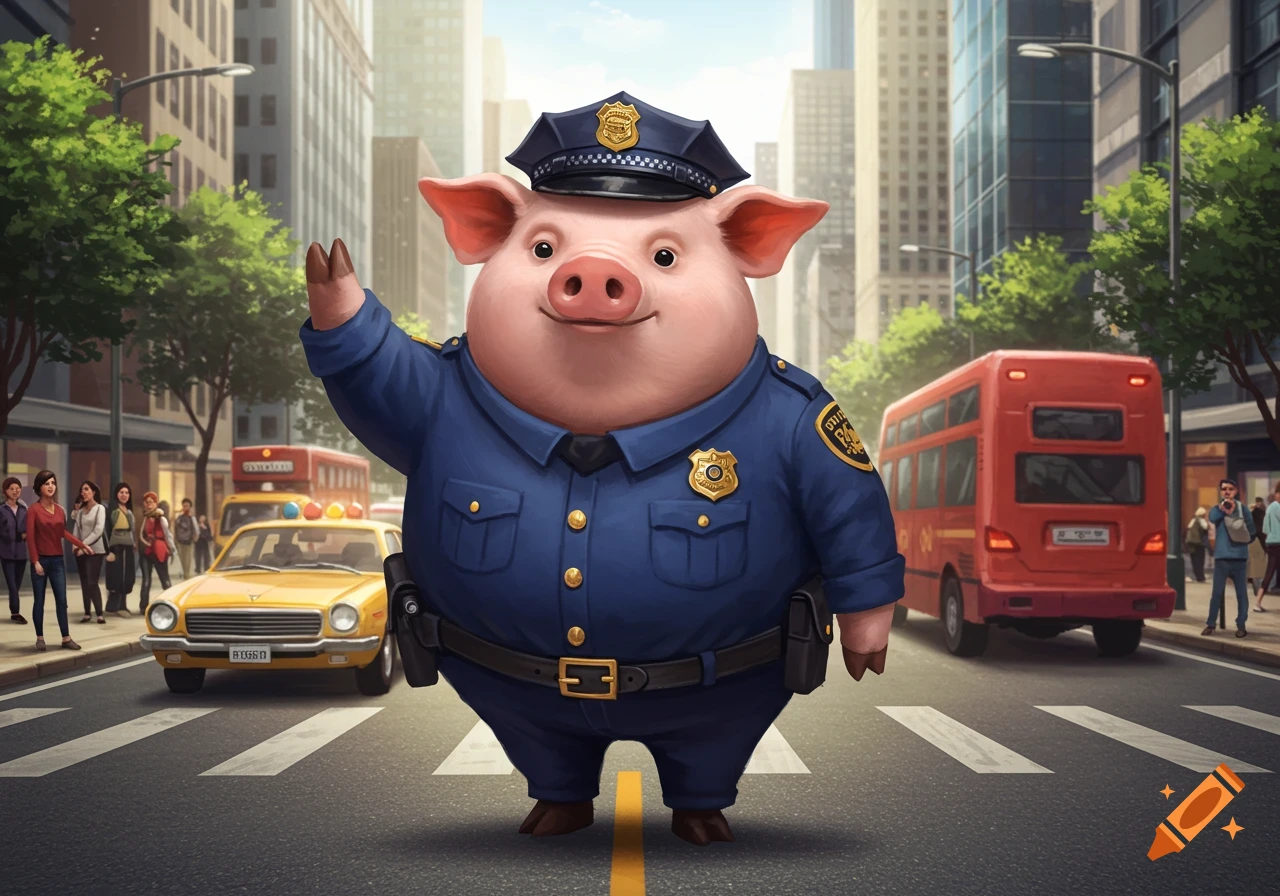 A smiling cartoon pig dressed as a police officer stands in the middle of a busy city street, raising a hand to stop traffic. A yellow taxi and a red bus are visible in the background.
