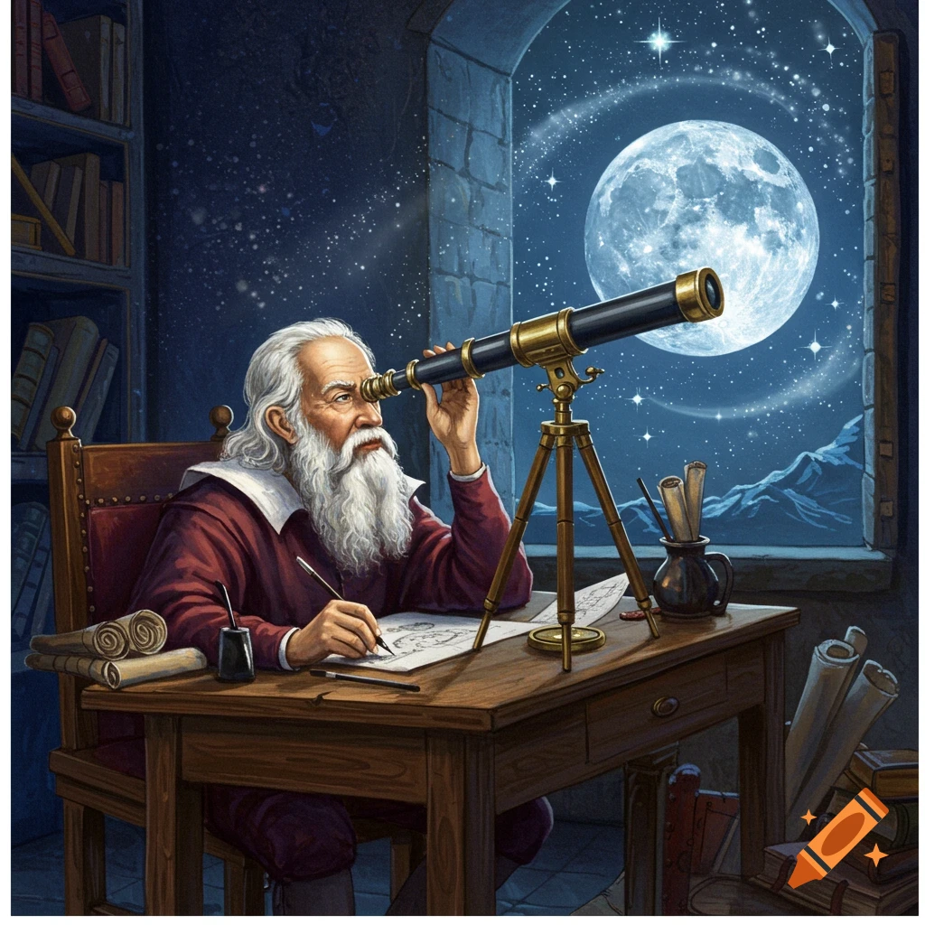 Galileo Galilei observes the full moon through a telescope by a window, sketching notes at his wooden desk in a colorful, educational illustration.