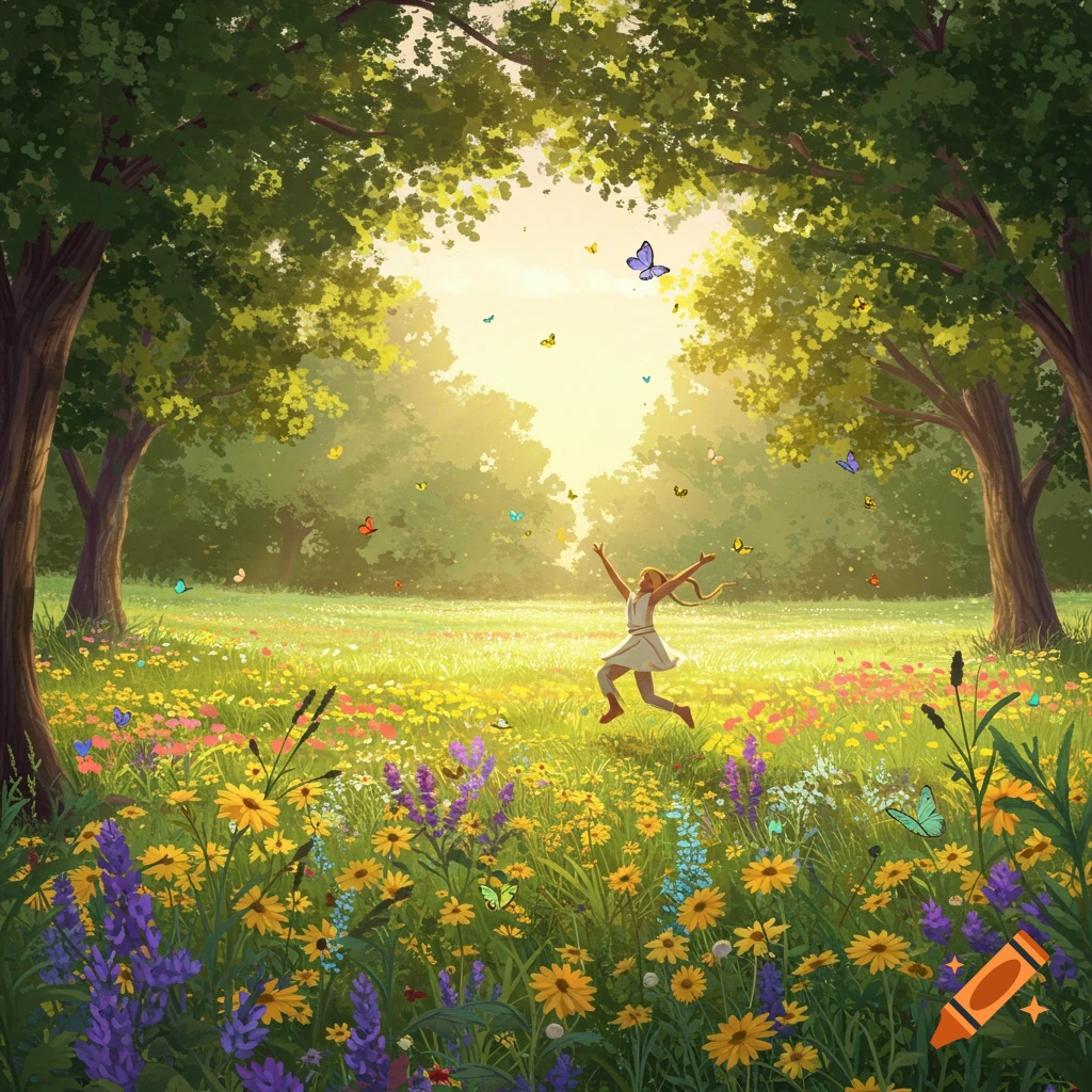 A joyful person skips through a vibrant, sun-drenched wildflower meadow framed by tall trees, with butterflies fluttering around in a painterly style.
