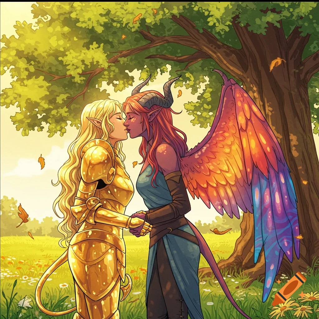 Comic art of an armored elf woman and a horned, winged woman kissing under a tree in a sunny field.