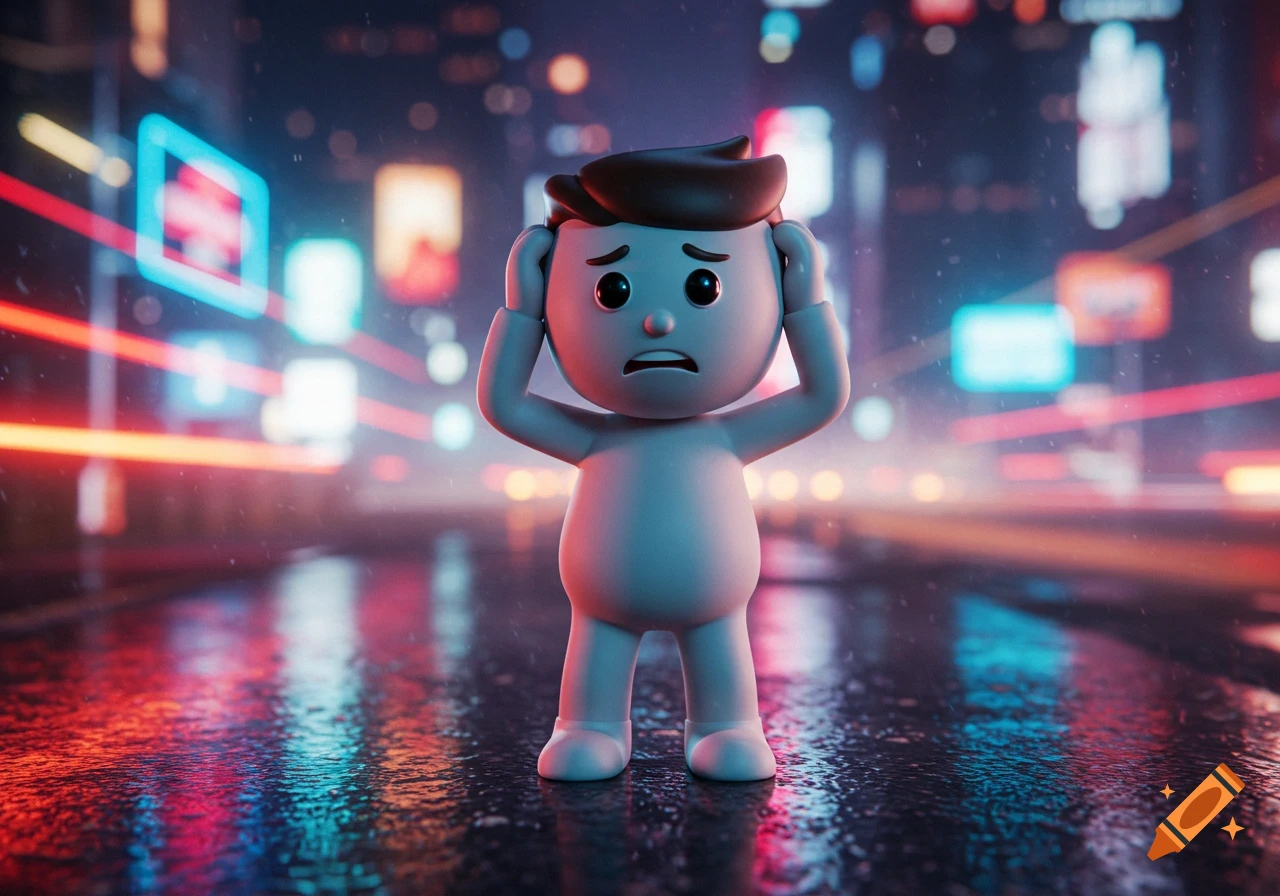A distressed 3D cartoon man holds his head on a wet, neon-lit city street at night.