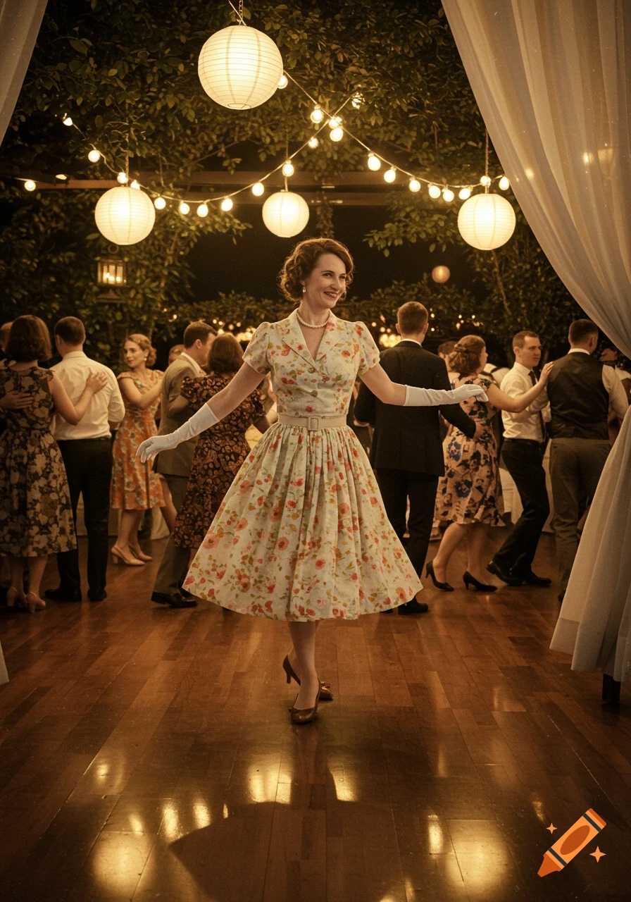 A smiling woman in a floral vintage dress and gloves dances at a party under string lights, surrounded by other dancers on a wooden floor.