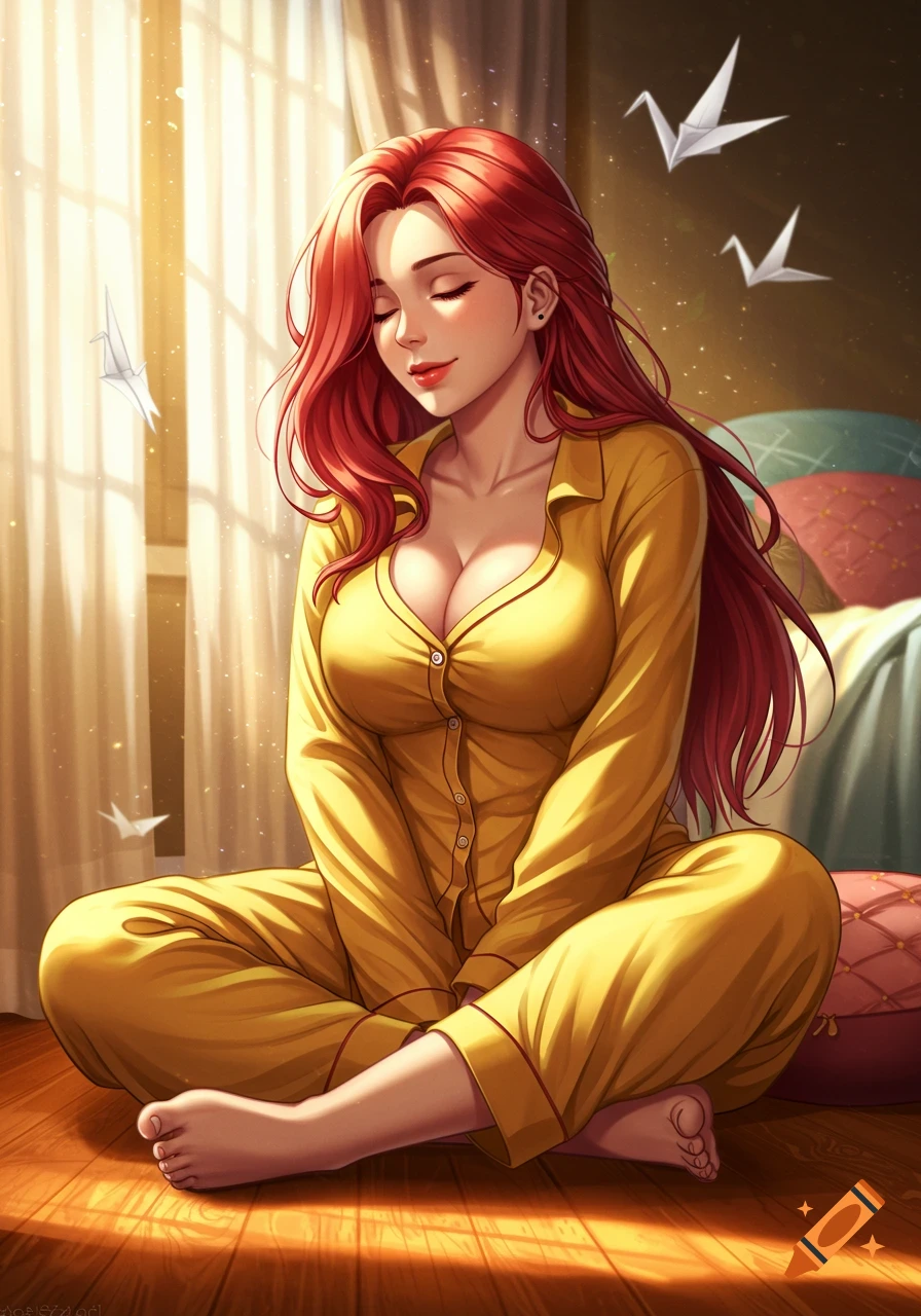Anime woman with red hair in yellow pajamas sits cross-legged on a sunlit wooden floor with origami cranes around her.