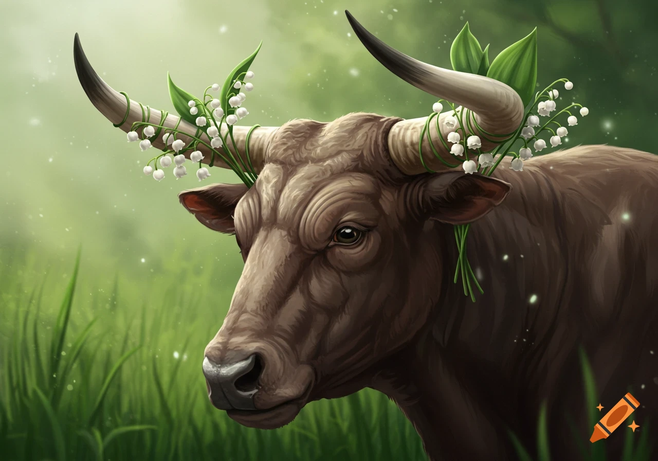 An illustrated brown bull head with horns adorned with white lily-of-the-valley flowers against a soft green background.