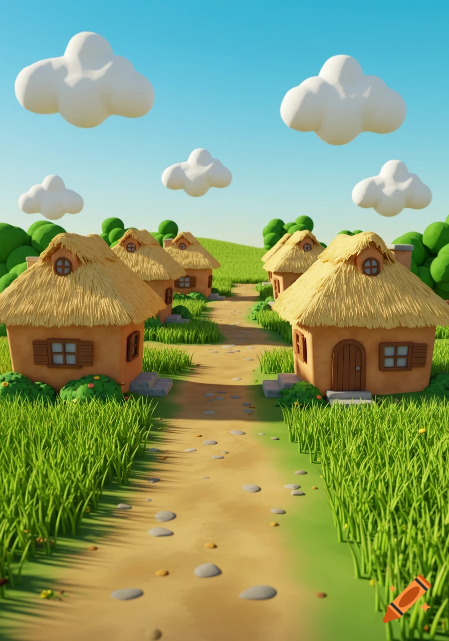 A charming 3D cartoon village with clay houses, thatched roofs, green fields, a dirt path, and puffy clouds.