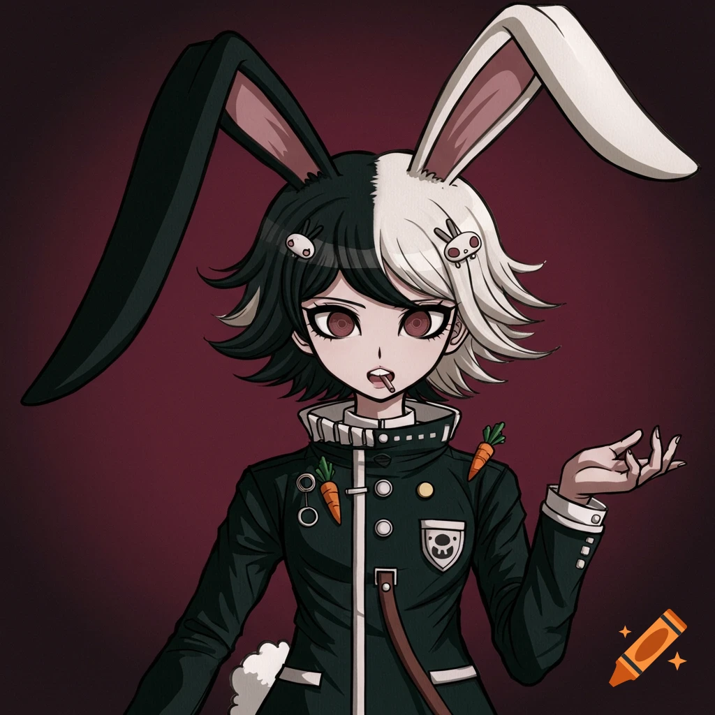 An anime character in Danganronpa style with split black and white hair, long rabbit ears, a dark uniform with carrot pins, and reddish eyes.