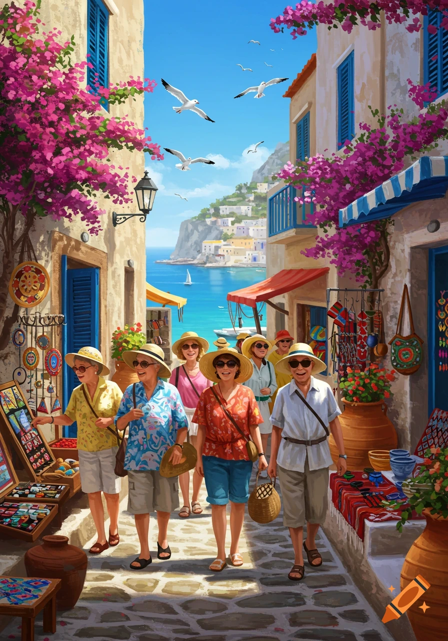 Painterly illustration of women tourists walking through a colorful Mediterranean village street with flowering bougainvillea and sea views.