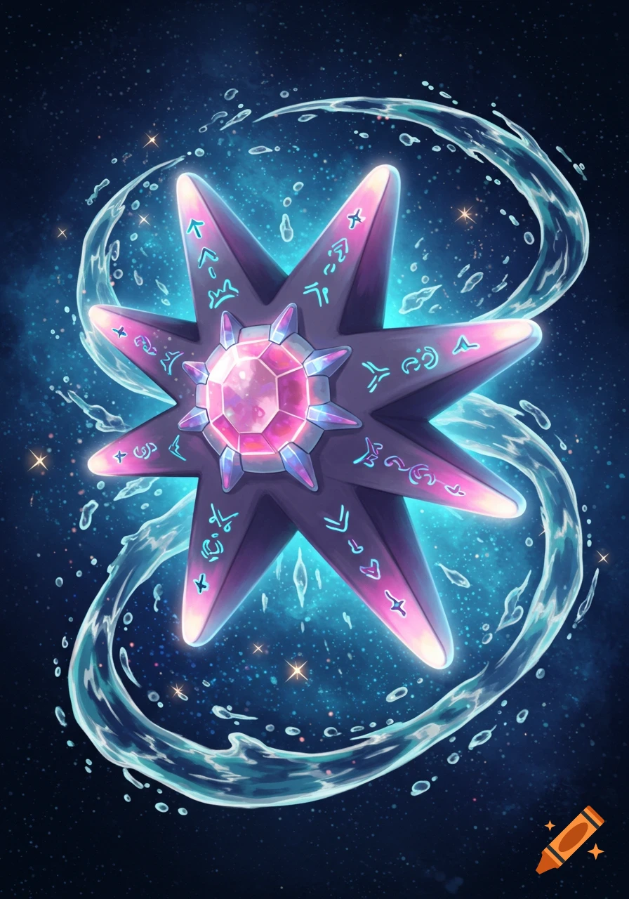 A glowing, purple, seven-pointed star creature with a large pink gem at its center, surrounded by swirling water against a starry cosmic background.