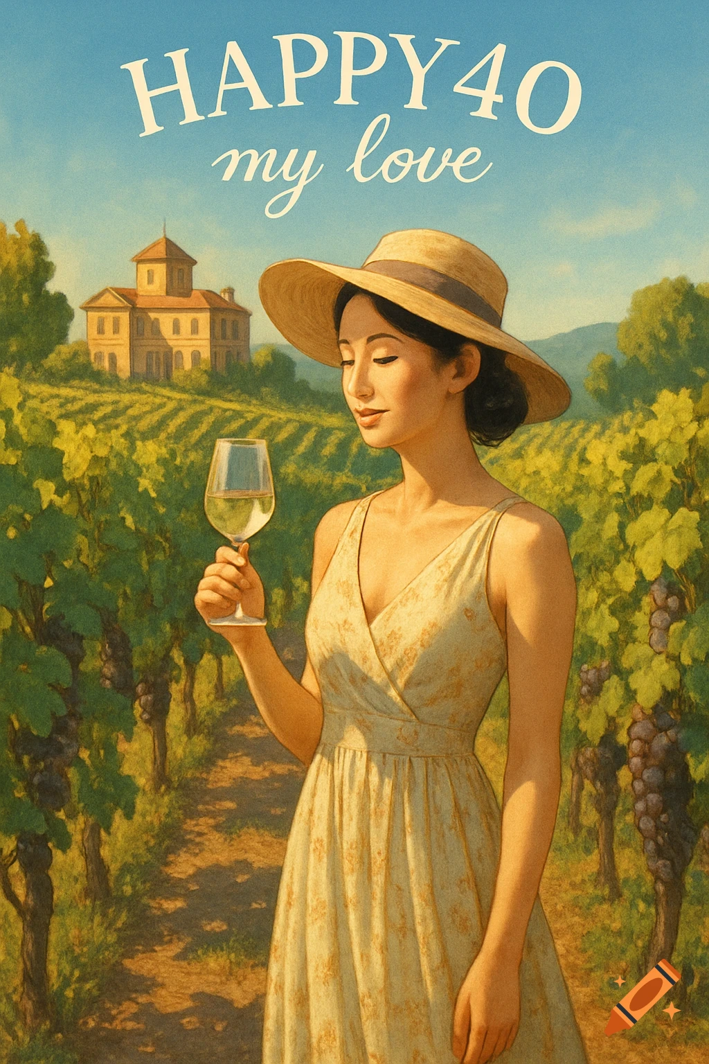 An Asian woman in a straw hat and dress holds a glass of white wine in a sunlit vineyard with a mansion in the background. Text "HAPPY40 my love".