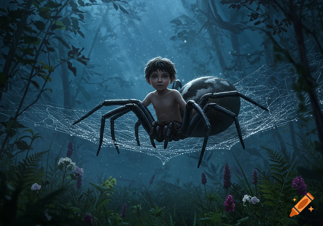 A fantastical image of a boy's torso fused with a spider's body, sitting on a dew-covered web in a misty forest.