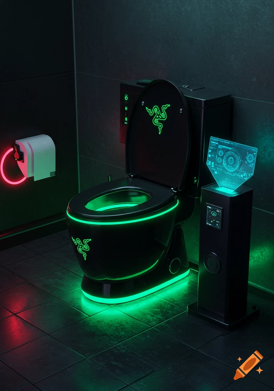 A black toilet with bright green neon lighting and the Razer logo, along with a holographic display stand, in a dark bathroom. The toilet paper holder also has a red neon ring. Photorealistic style.
