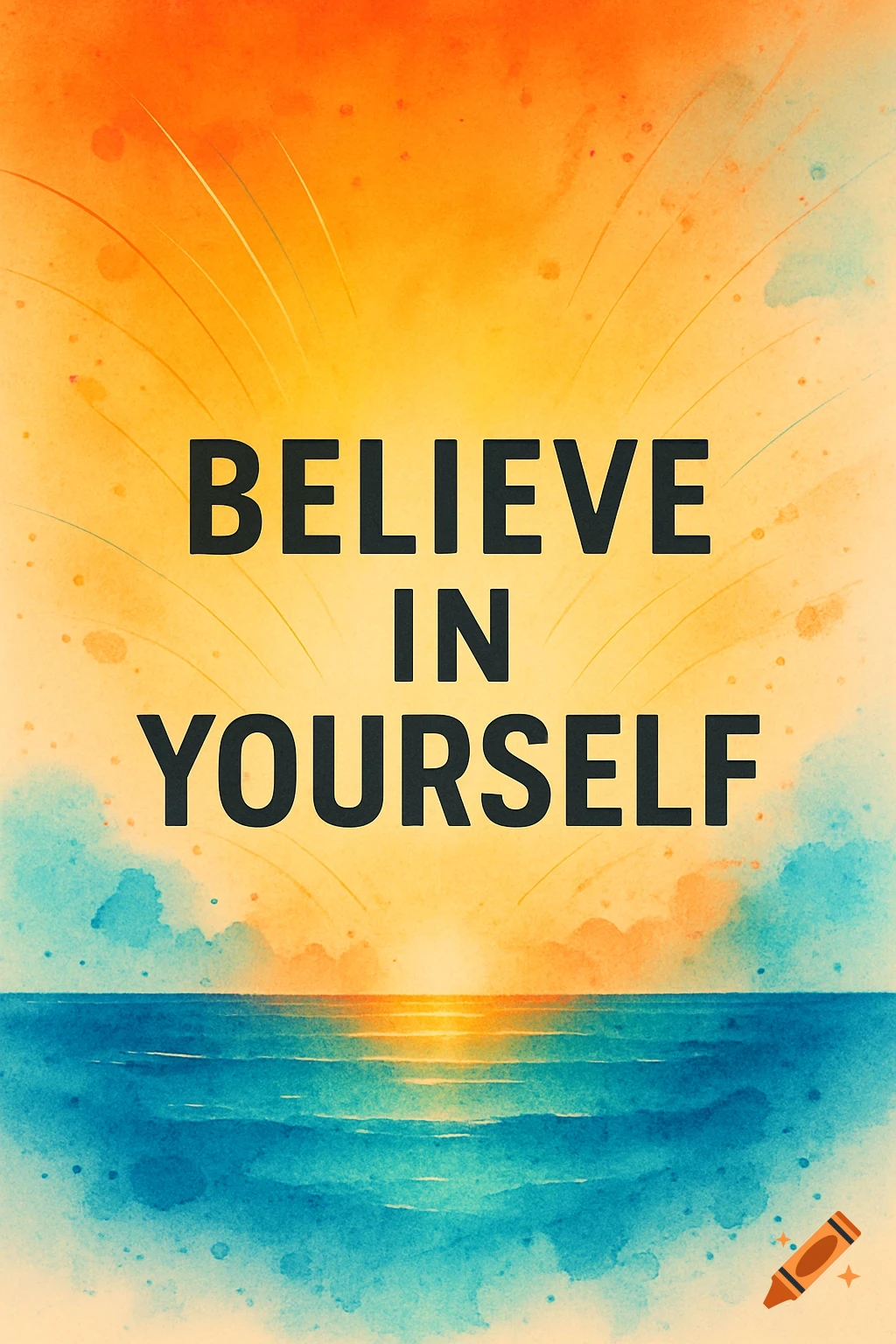 Motivational poster in watercolor style with the quote 'BELIEVE IN YOURSELF' over a sunrise seascape.
