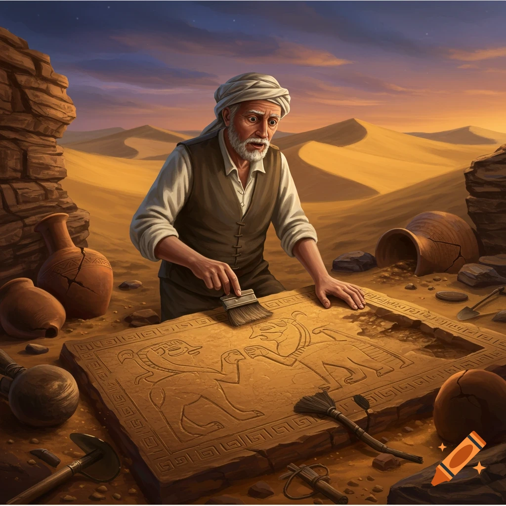 An old archaeologist in a turban cleans an ancient carved slab in a desert with broken pottery under a sunset sky.