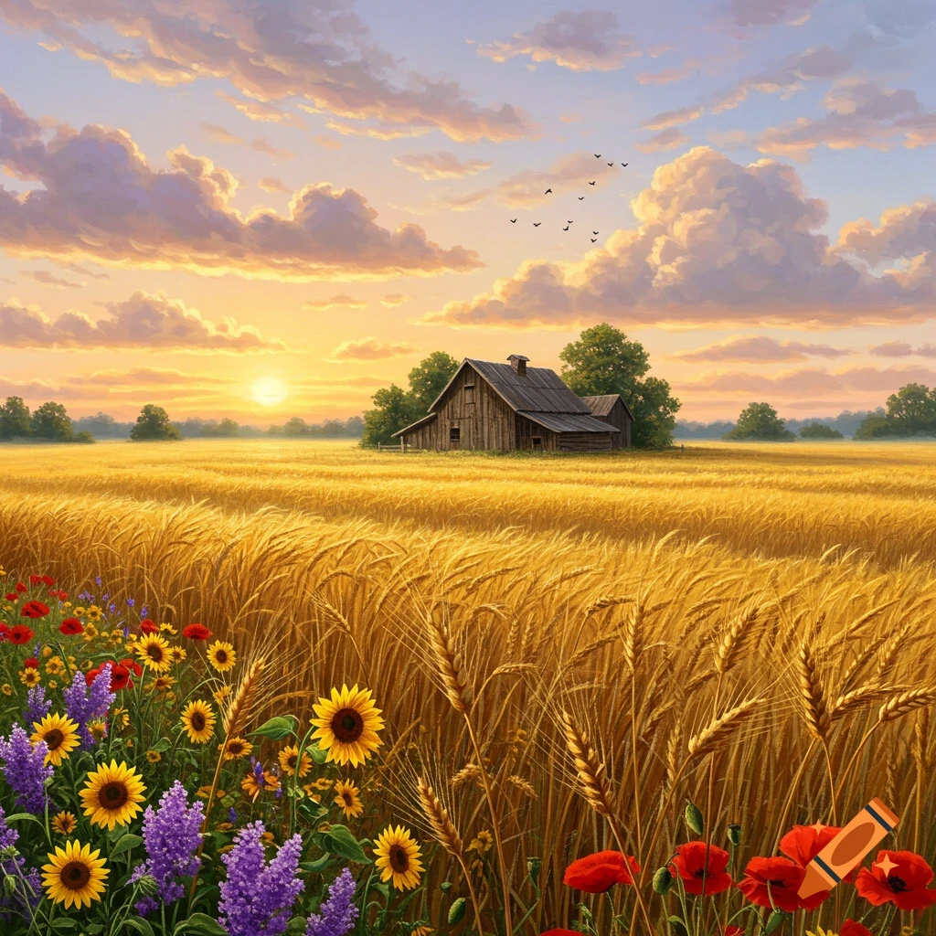 A golden wheat field with wildflowers, an old wooden barn, and birds under a dramatic sunset sky.