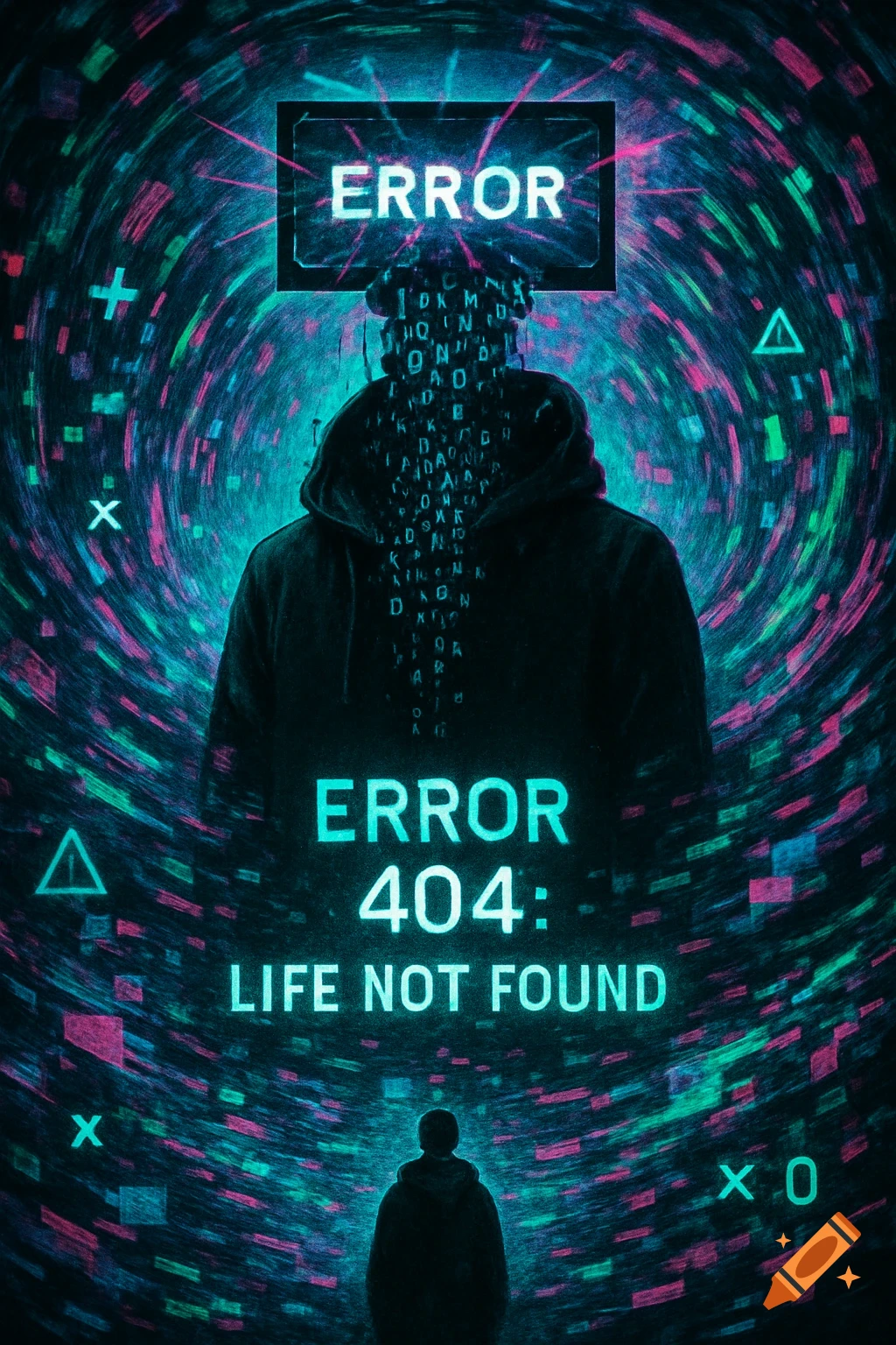 A person in a hoodie with a fragmented head stands before a swirling digital tunnel, displaying 'ERROR 404: LIFE NOT FOUND' in neon text.