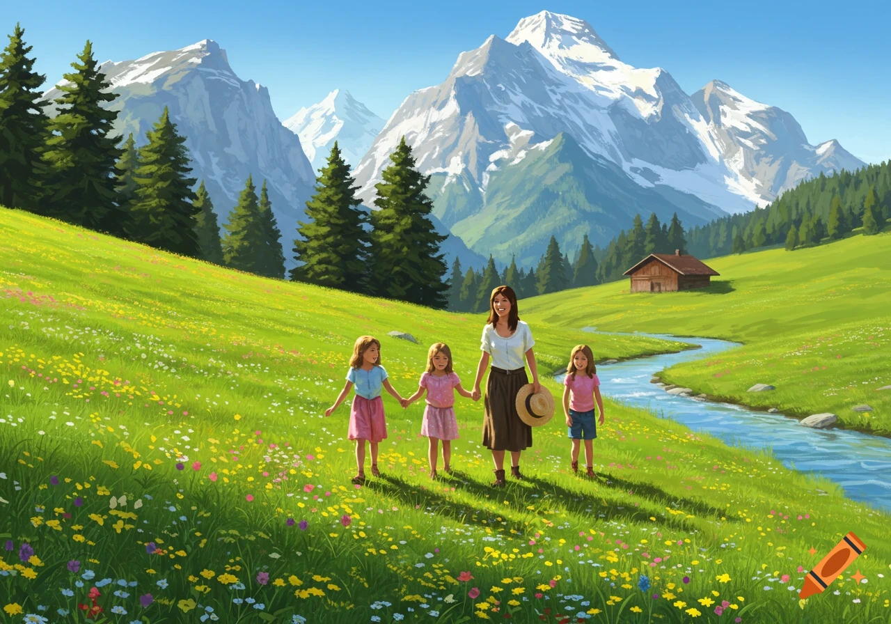 A mother and her three daughters walk through a vibrant wildflower meadow with mountains, a stream, and a cabin.