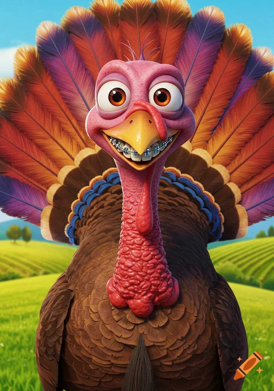 A close-up of a smiling, animated turkey with pink skin, orange eyes, and dental braces, against a vibrant green field and blue sky.