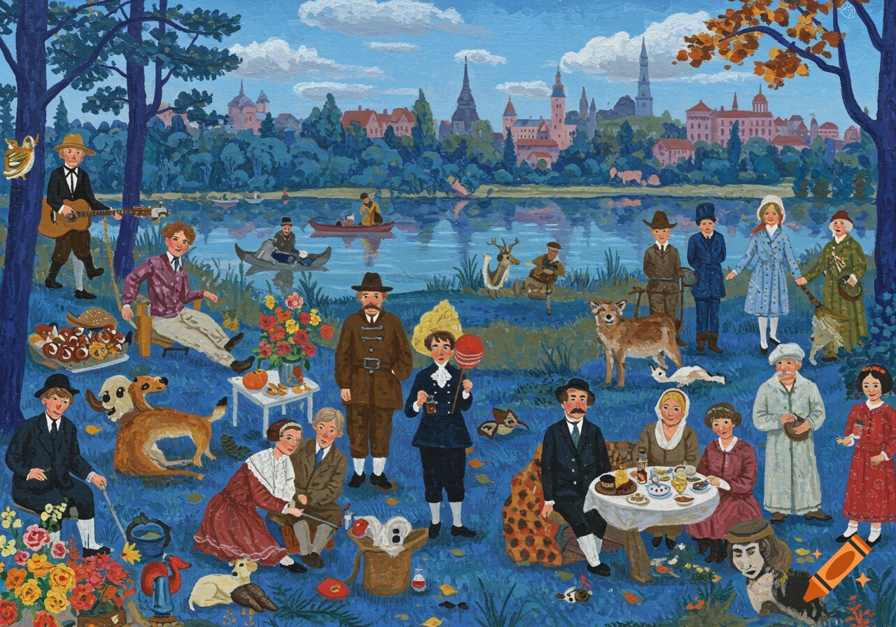 A vibrant folk art painting depicts people and animals picnicking by a lake with a city in the background, in an historical era.