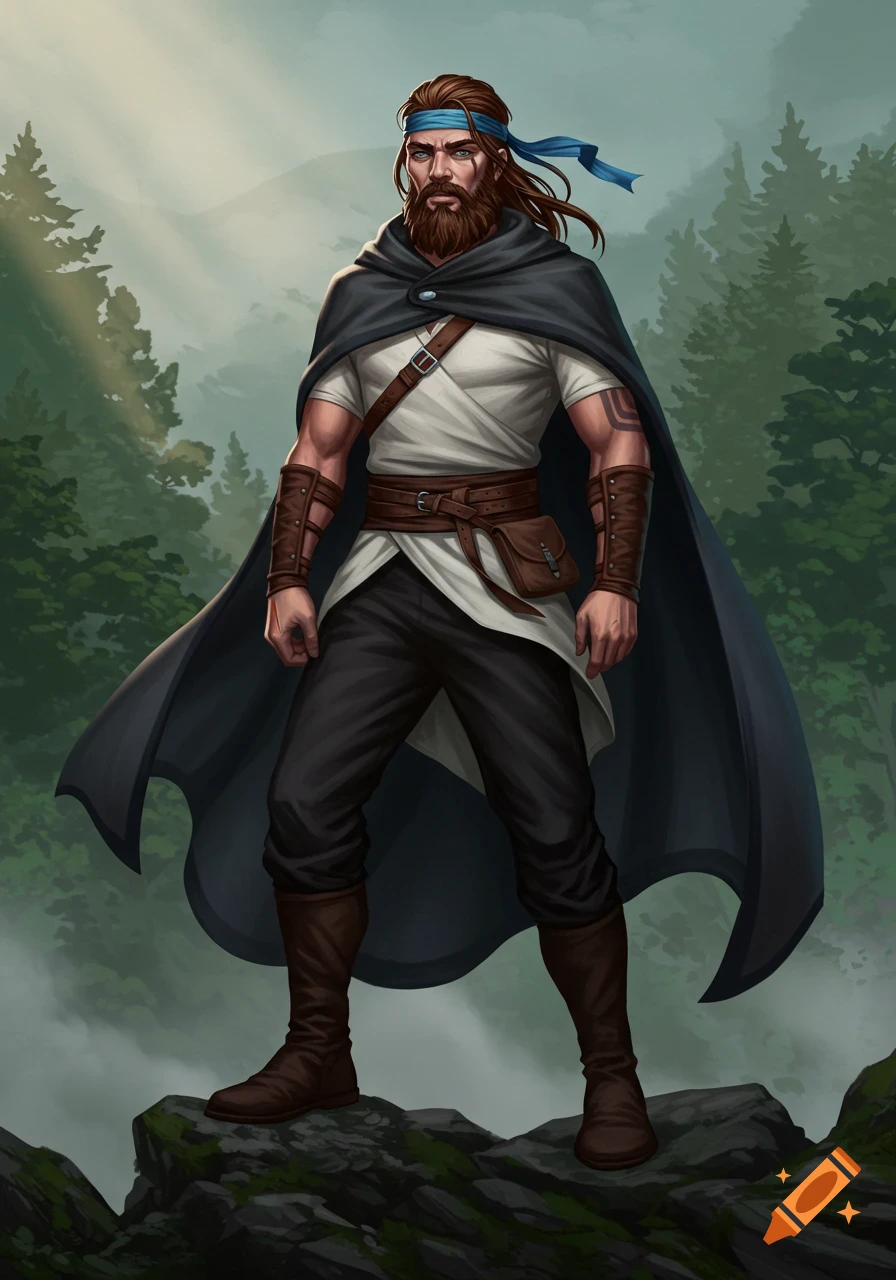 Digital painting of a bearded man in a blue headband and dark cloak, standing on mossy rocks in a misty forest.