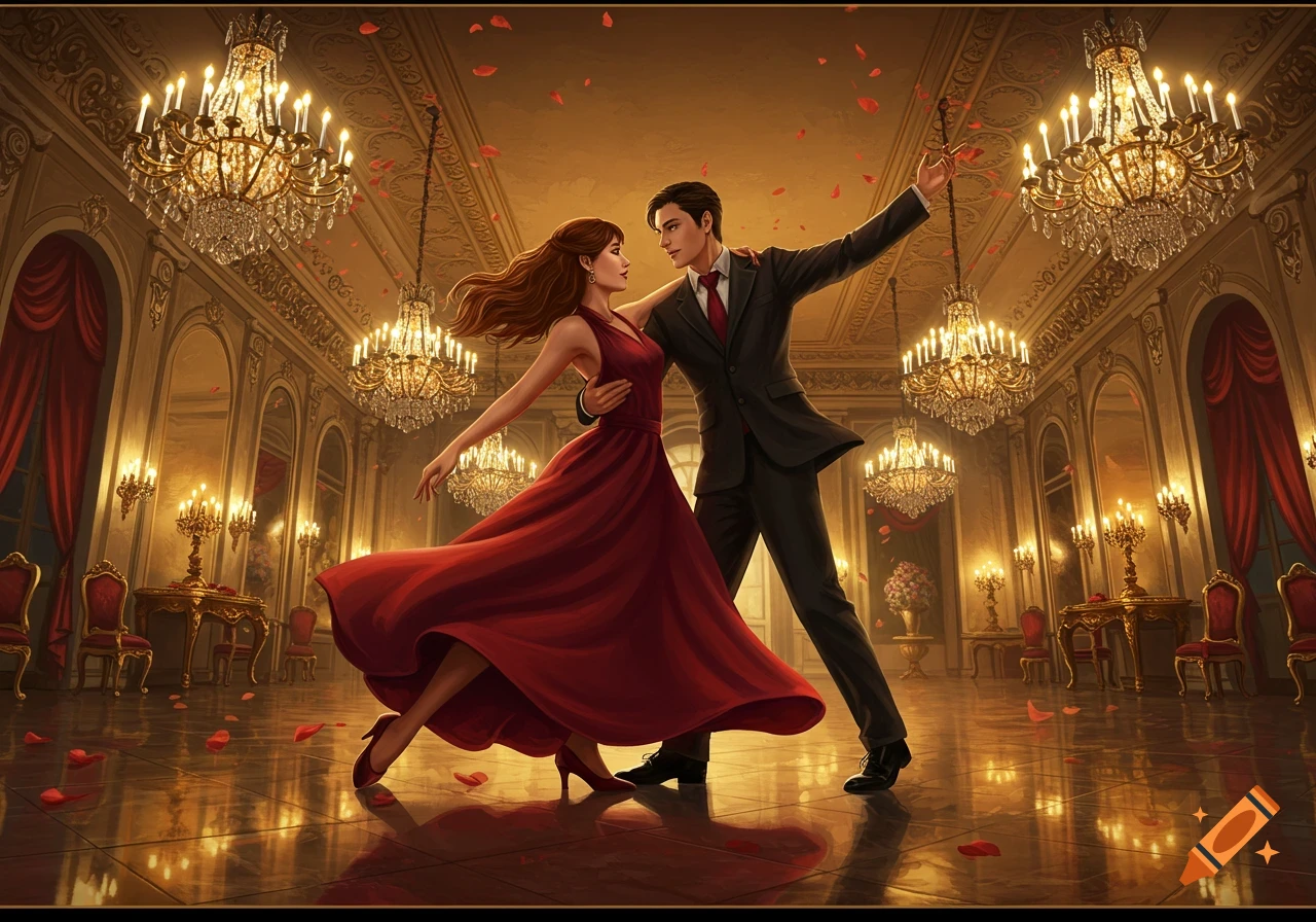 A man and woman in formal attire gracefully dance in a lavish ballroom illuminated by ornate chandeliers, with rose petals scattered on the floor.