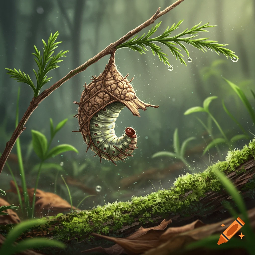 A detailed illustration of a bagworm larva cocoon hanging from a branch with dew drops in a lush, green forest.