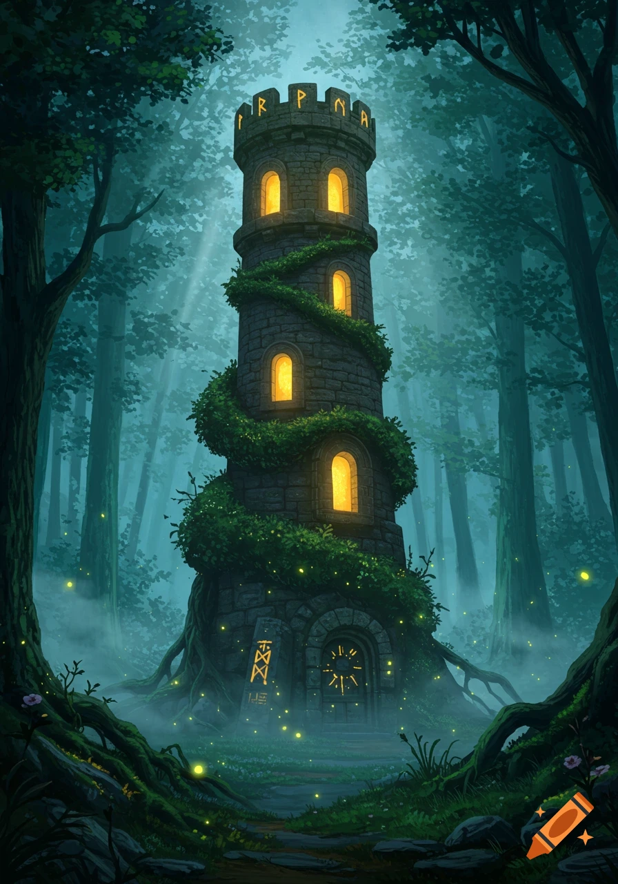 A tall, ivy-covered stone tower with glowing windows stands in a misty, dark forest with fireflies, depicted in a fantasy art style.