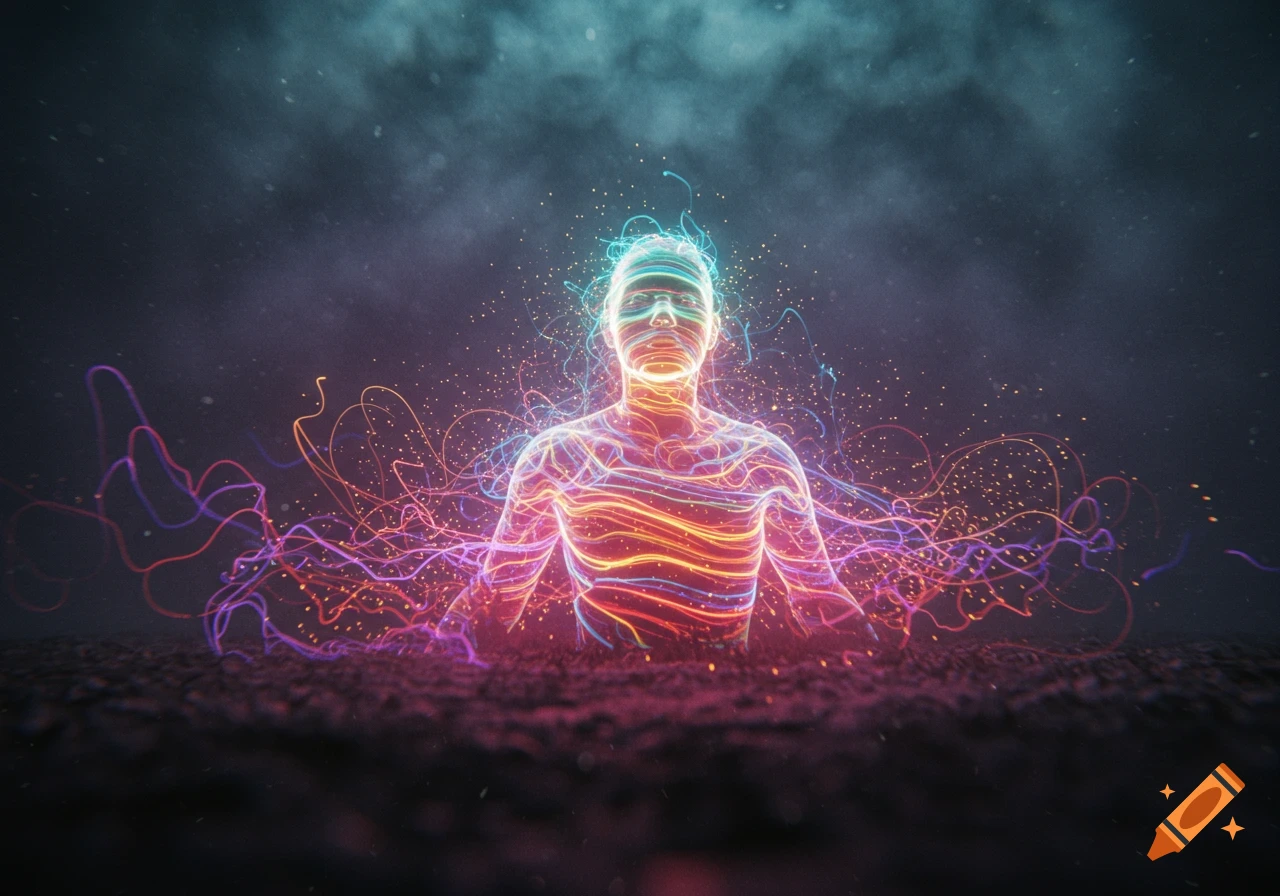 A glowing humanoid figure of colorful light emerges from dark, swirling cosmic energy in an abstract, surreal style.